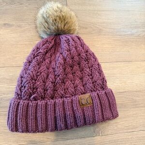 C.C Thick Cable Knit Faux Fuzzy Fur Pom Fleece Lined Skull Cap Beanie Coco Berry